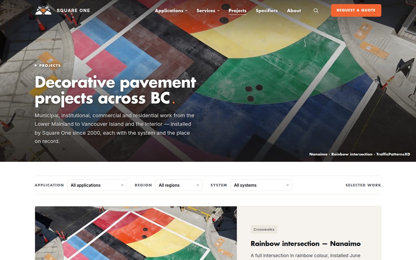 squareonepaving.com — projects, filterable by application, region and system